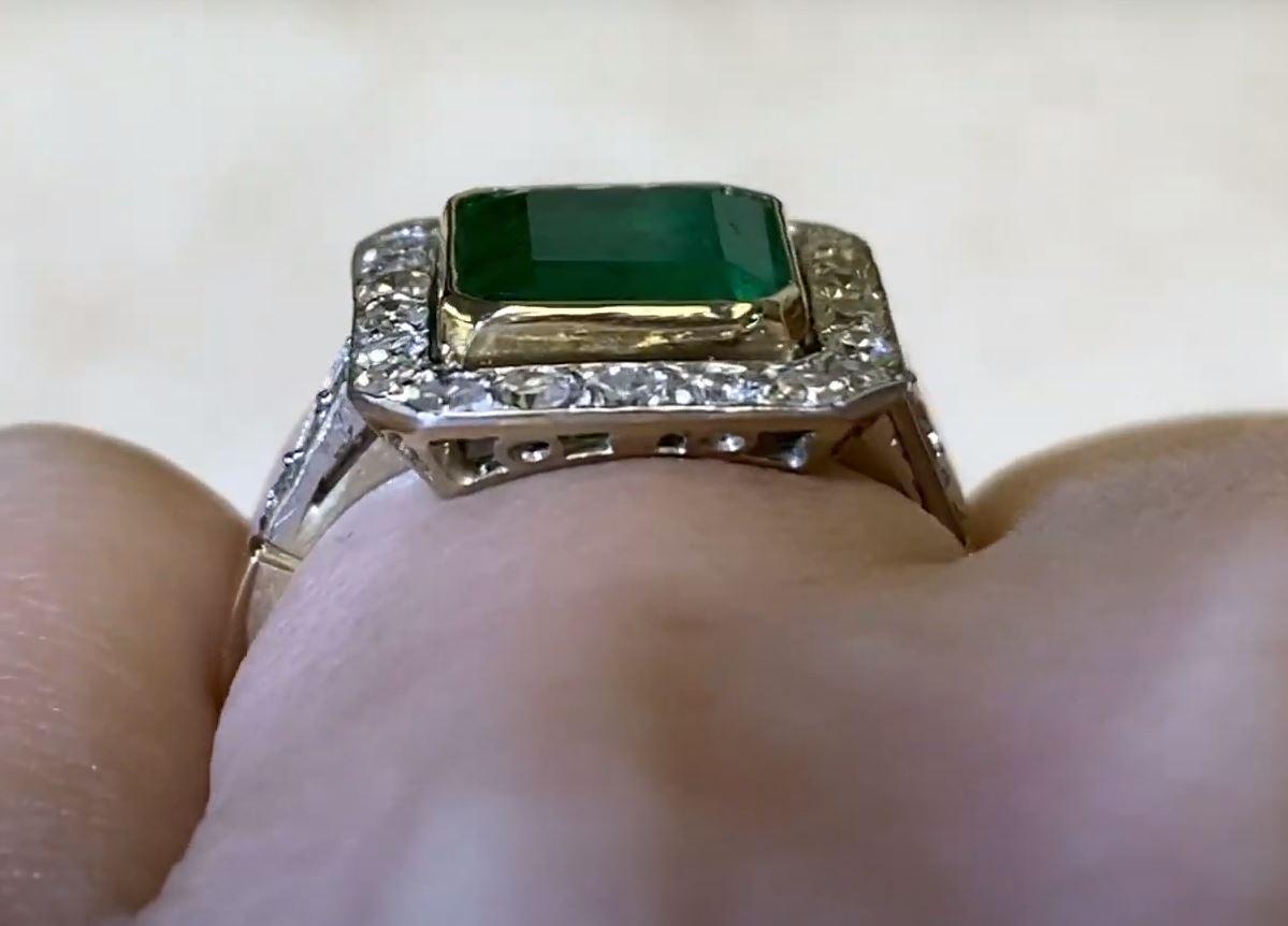 Antique 2.62ct Columbian Emerald Engagement Ring, Diamond Halo, 18k Yellow Gold 2