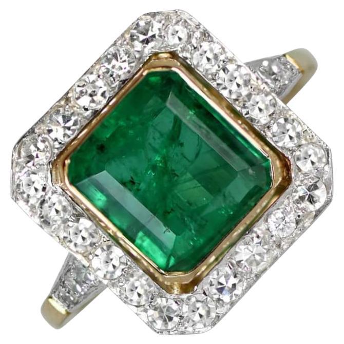 Antique 2.62ct Columbian Emerald Engagement Ring, Diamond Halo, 18k Yellow Gold