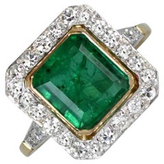 Antique 2.62ct Columbian Emerald Engagement Ring, Diamond Halo, 18k Yellow Gold