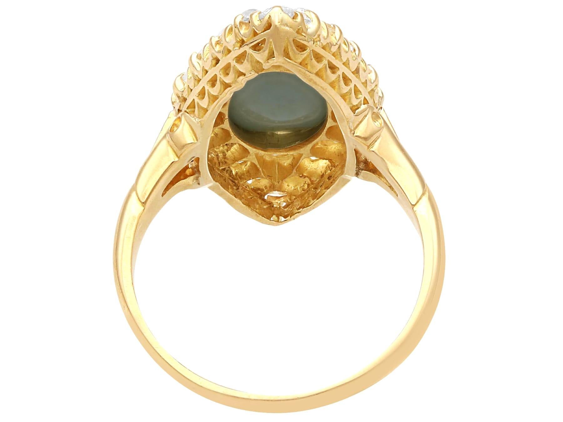 Antique 2.65 Ct Cat's Eye Chrysoberyl and 1.18 Ct Diamond Yellow Gold Dress Ring In Excellent Condition For Sale In Jesmond, Newcastle Upon Tyne