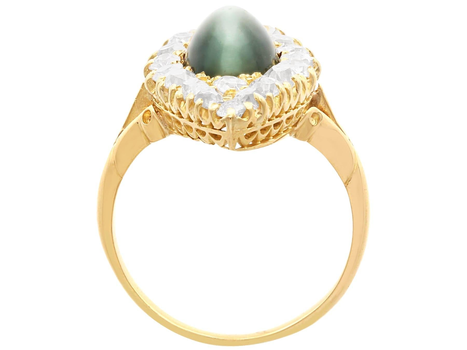 Women's or Men's Antique 2.65 Ct Cat's Eye Chrysoberyl and 1.18 Ct Diamond Yellow Gold Dress Ring For Sale