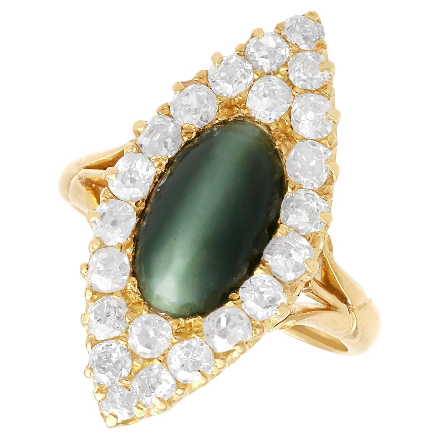 Antique 2.65 Ct Cat's Eye Chrysoberyl and 1.18 Ct Diamond Yellow Gold Dress Ring For Sale