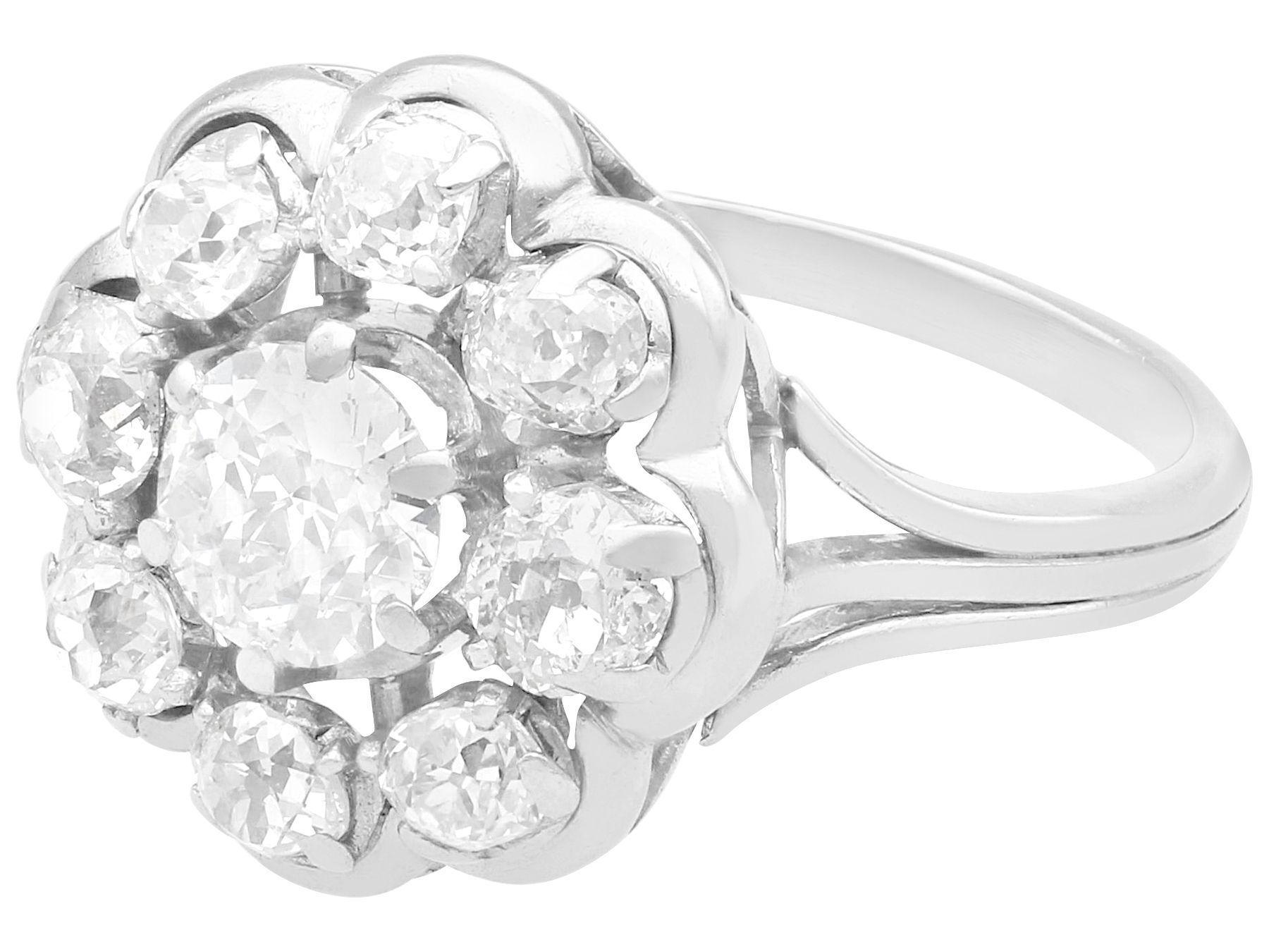 Old European Cut Antique 2.66ct Diamond and Platinum Cluster Ring For Sale