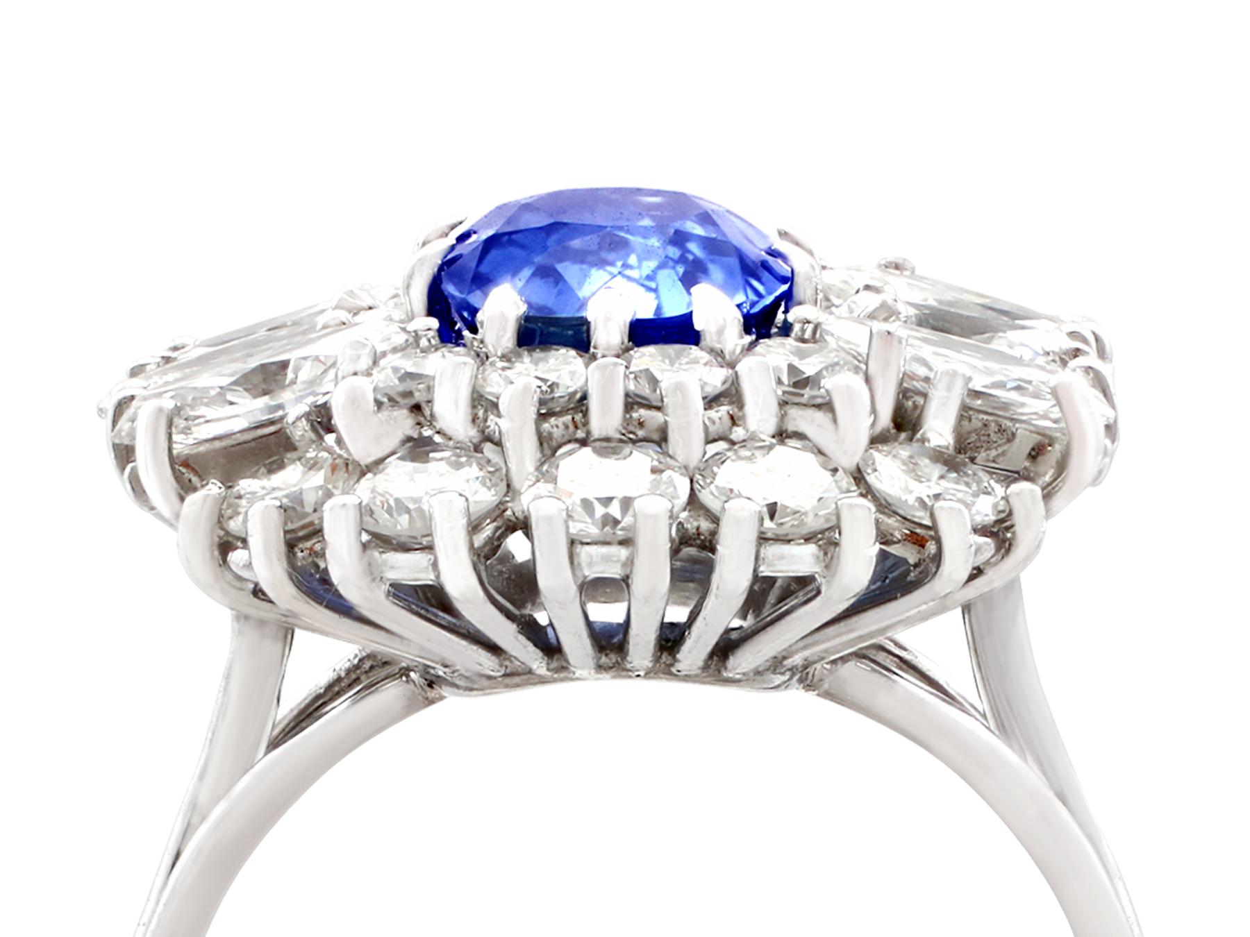 An impressive antique 2.70 Ct blue sapphire and 2.42 Ct diamond, 18k and 15k white gold dress ring; part of our diverse antique jewelry collections.

This stunning, fine and impressive 1930's sapphire and diamond ring has been crafted in 18k white