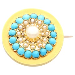 Antique 2.70 Carat Turquoise and Pearl 21k Yellow Gold Brooch, Circa 1890