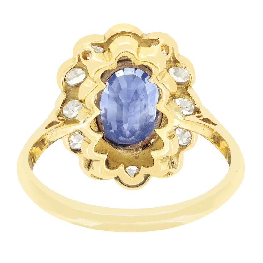 Oval Cut Antique 2.70ct Sapphire and Diamond Cluster Ring, c.1930s For Sale