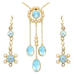 Ensemble boucles d'oreilles et pendentifs anciens en or jaune avec aigue-marine de 2,71 carats et perle