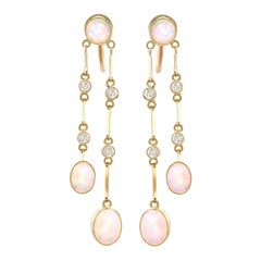 Antique 2.71 Carat Opal and Diamond Yellow Gold Drop Earrings