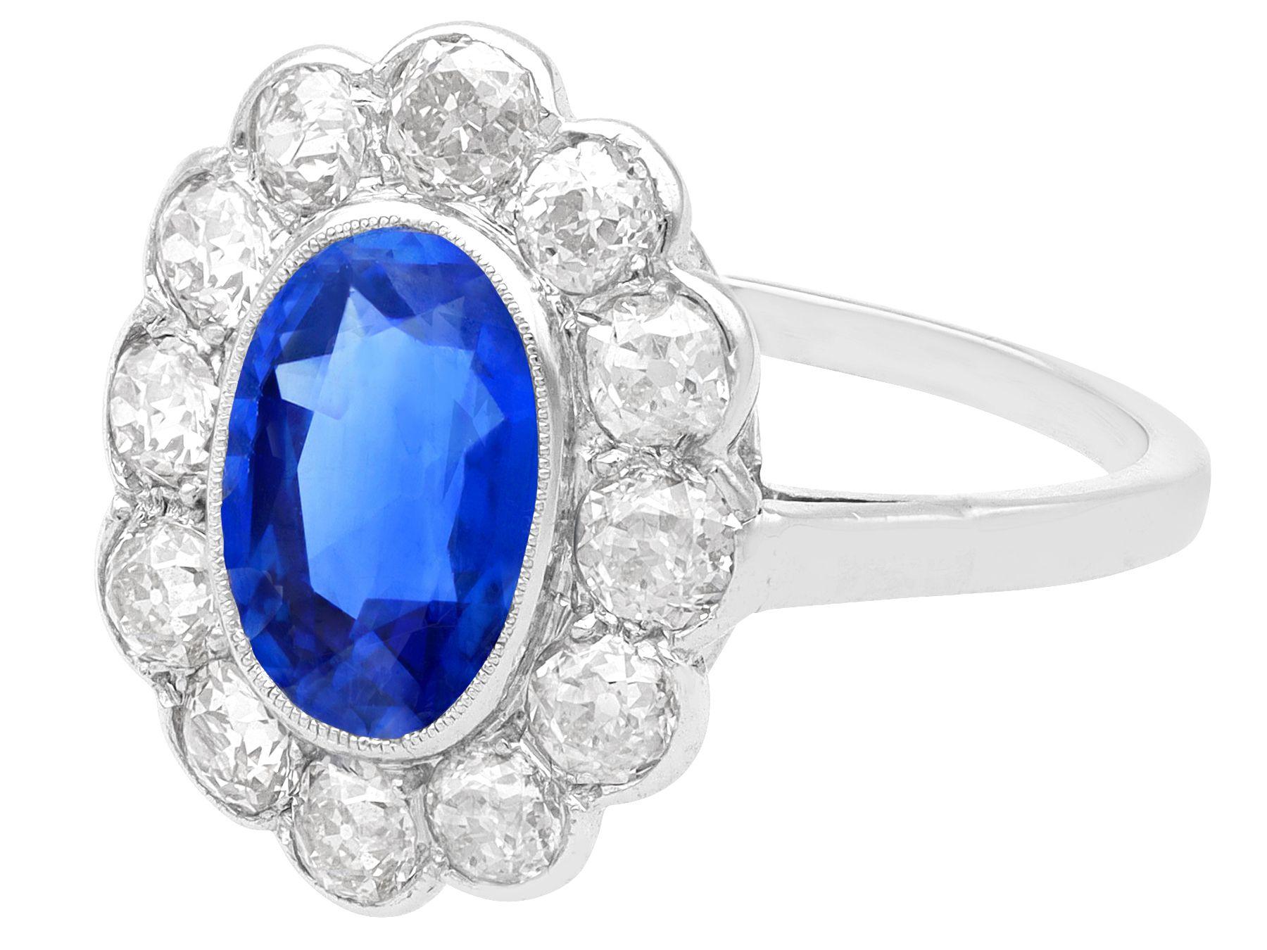 Oval Cut Antique 2.71 Carat Sapphire and 1.42 Carat Diamond 18k White Gold Cluster Ring