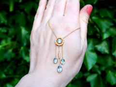 Antique 2.71 Carat Aquamarine and Pearl Yellow Gold Earring and Pendant Set