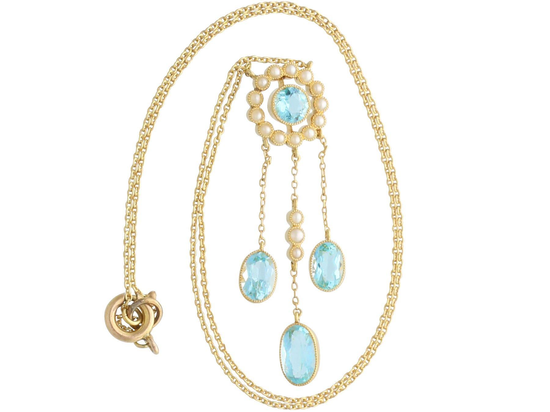Antique 2.71 Carat Aquamarine and Pearl Yellow Gold Earring and Pendant Set In Excellent Condition For Sale In Jesmond, Newcastle Upon Tyne