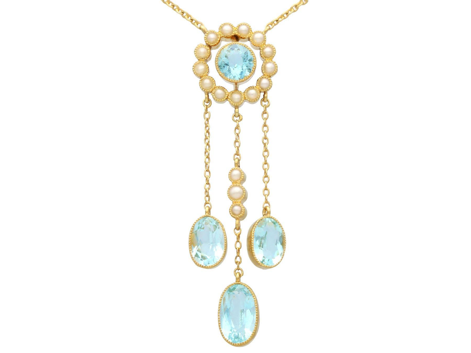 Women's or Men's Antique 2.71 Carat Aquamarine and Pearl Yellow Gold Earring and Pendant Set For Sale
