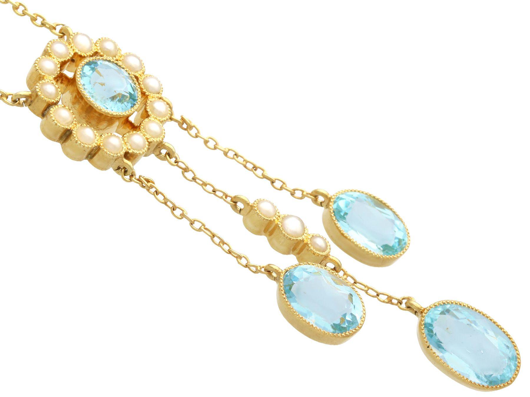 Antique 2.71 Carat Aquamarine and Pearl Yellow Gold Earring and Pendant Set For Sale 1