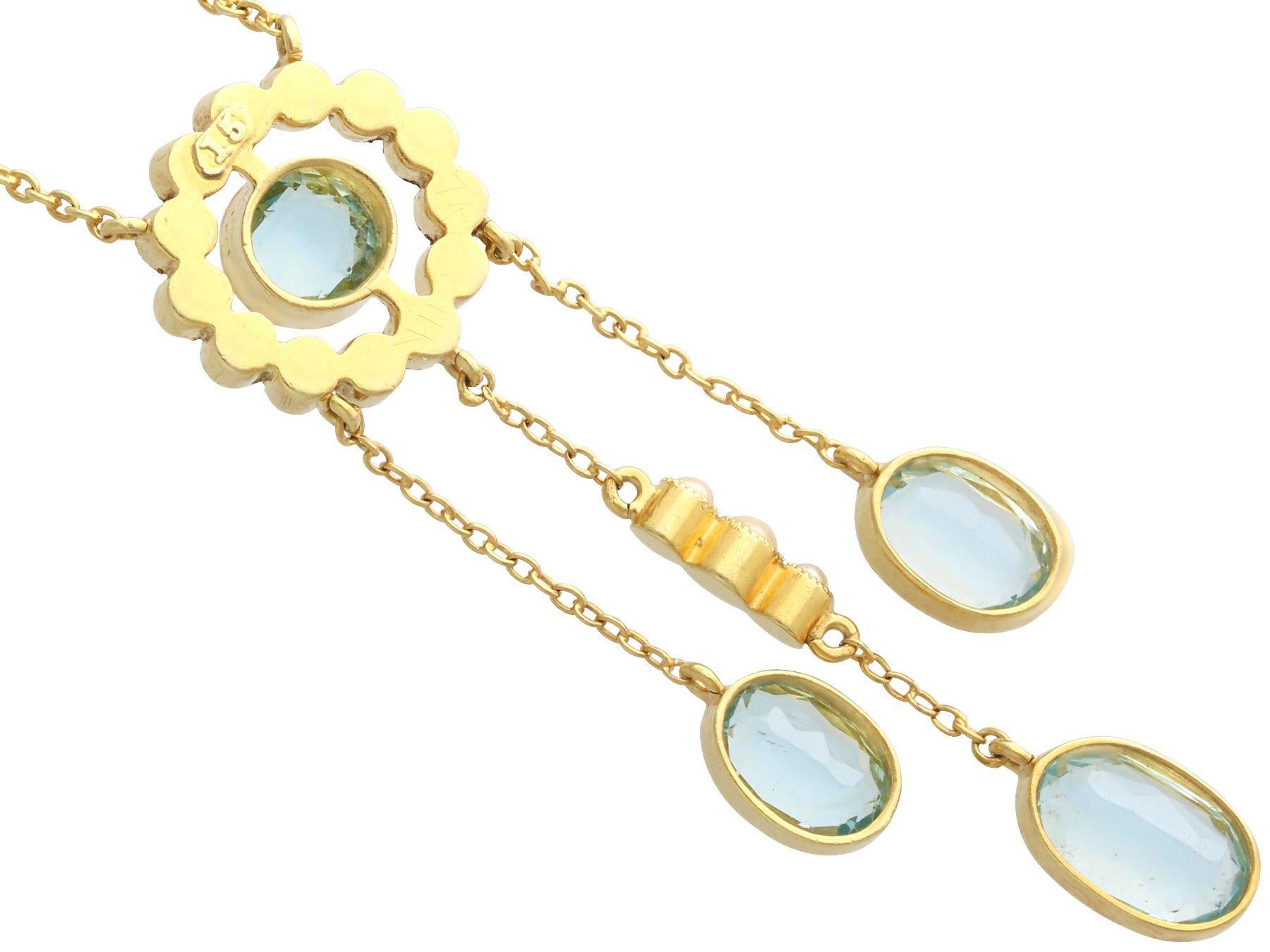 Antique 2.71 Carat Aquamarine and Pearl Yellow Gold Earring and Pendant Set For Sale 2