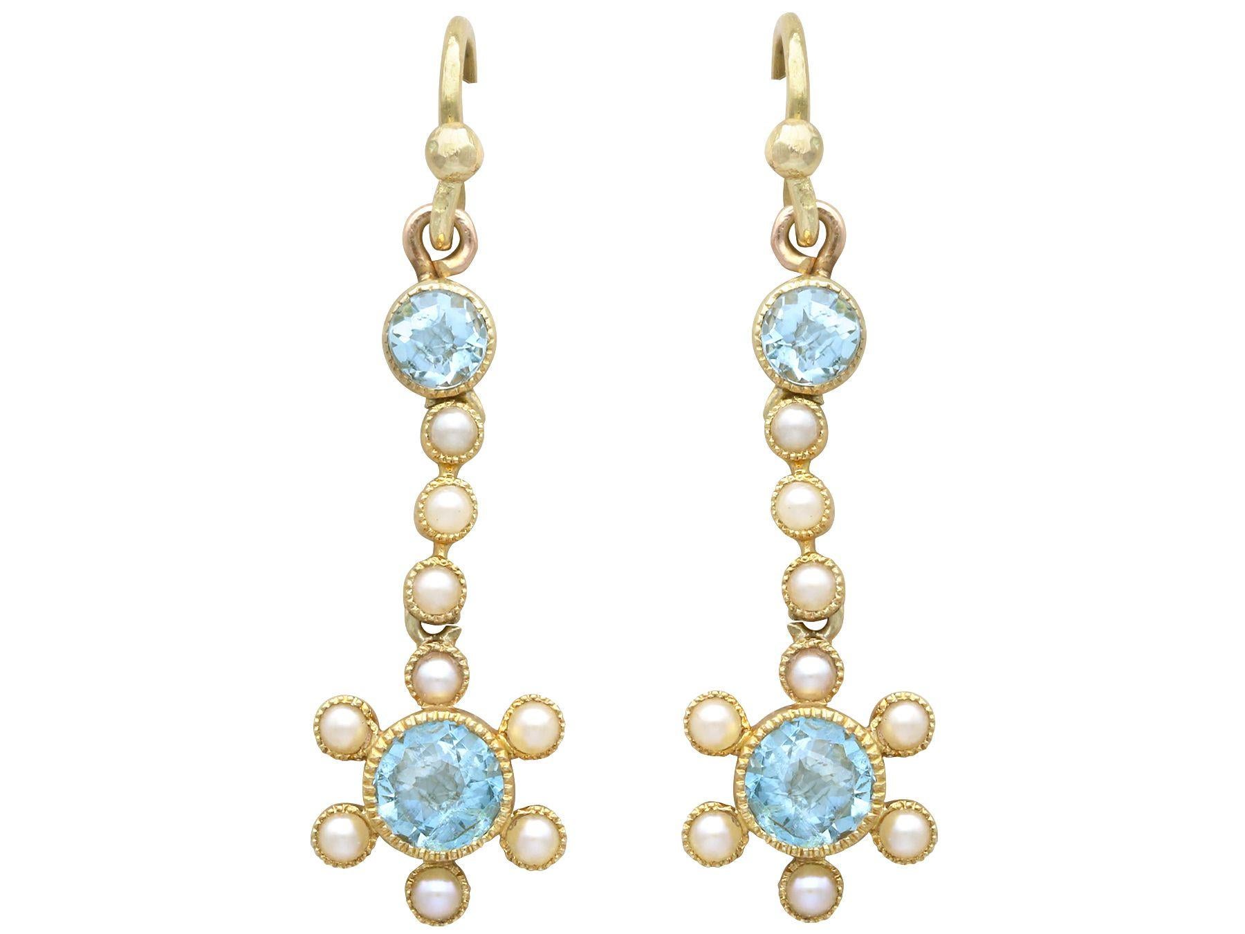 Ensemble boucles d'oreilles et pendentifs anciens en or jaune avec aigue-marine de 2,71 carats et perles en vente 3