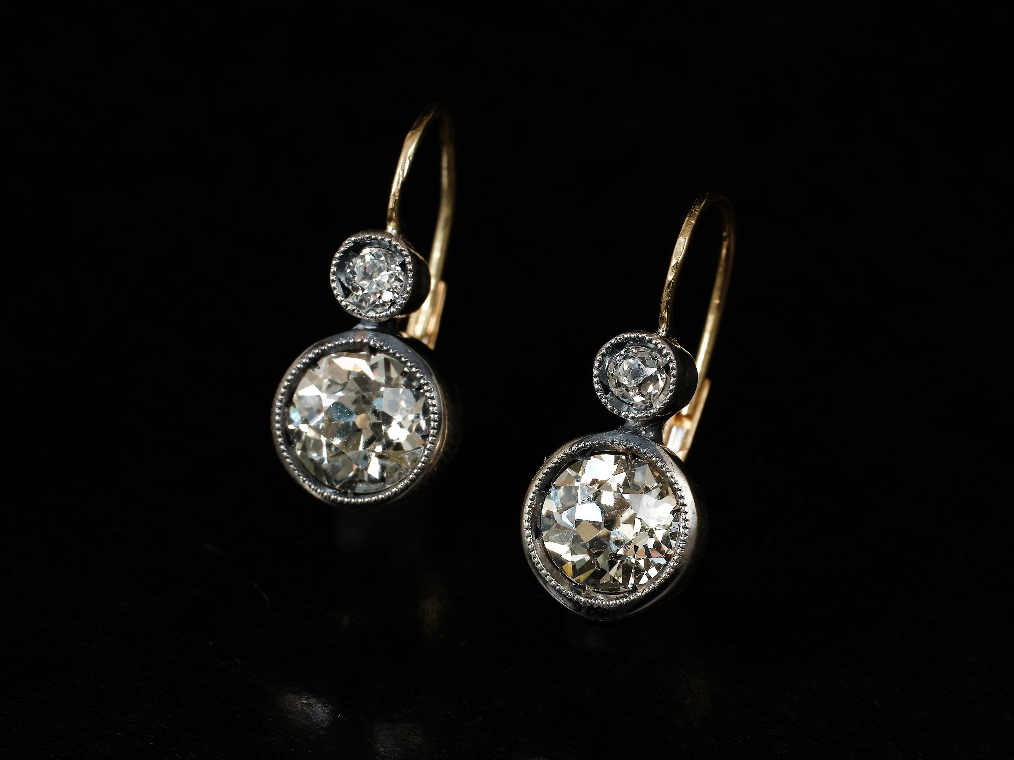 Antique 2.74ct dormuese old european cut diamond earrings In Fair Condition For Sale In Malmö, SE