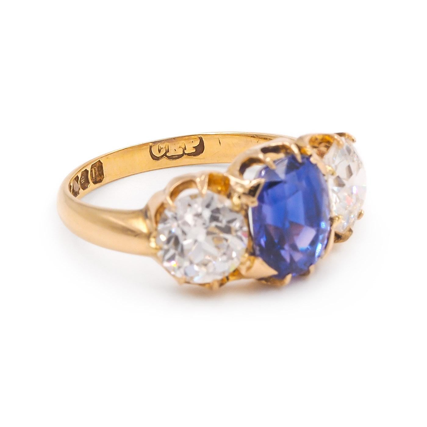 Oval Cut Antique 2.75 Carat Ceylon Sapphire & Old European Cut Diamond GIA 3-Stone Ring For Sale