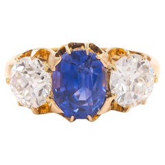 Antique 2.75 Carat Ceylon Sapphire & Old European Cut Diamond GIA 3-Stone Ring