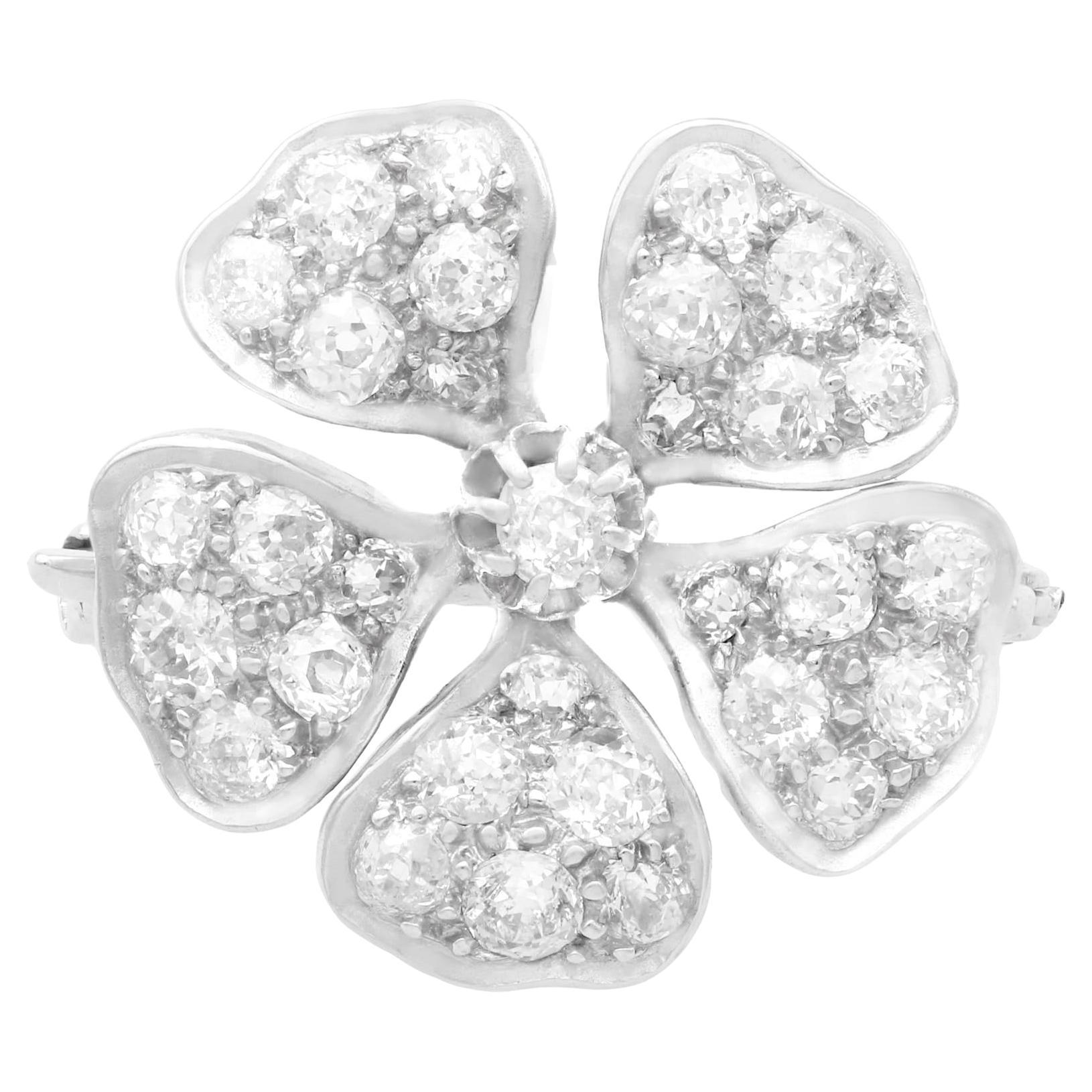 Antique 2.75 Carat Diamond and White Gold Floral Brooch For Sale
