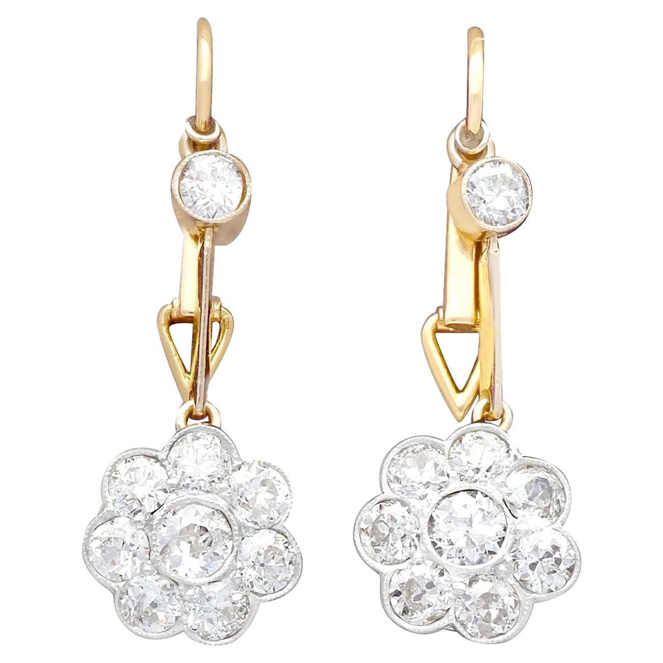 Antique 2.75 Carat Diamond Gold and Platinum Drop Earrings Circa 1910