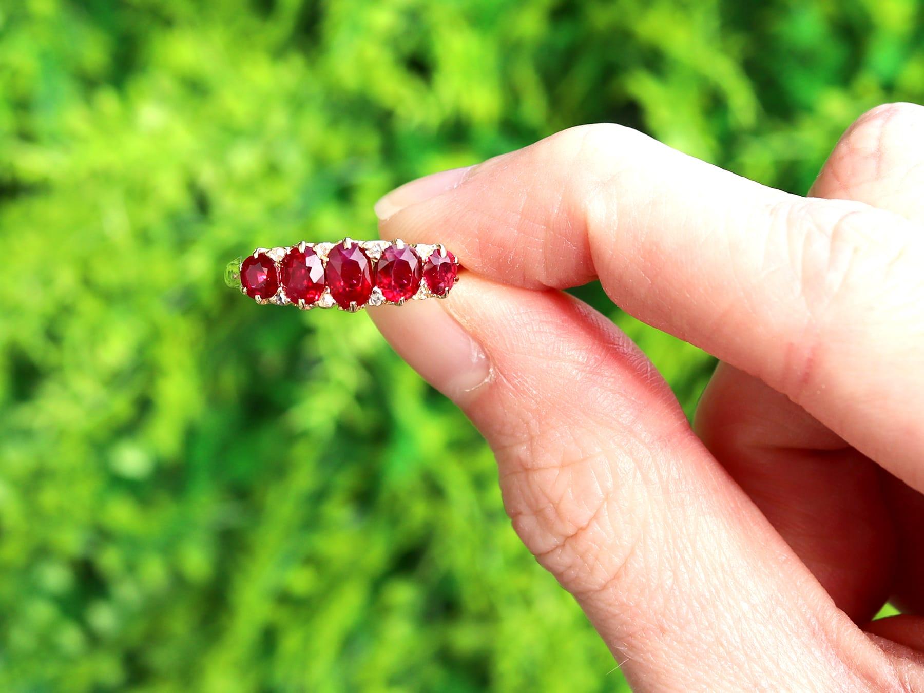 A stunning, fine and impressive antique Edwardian 2.80 carat ruby and 0.08 carat diamond, 18 karat yellow gold five stone ring; part of our antique Edwardian rings collection.

This stunning, fine and impressive antique ruby ring has been crafted in