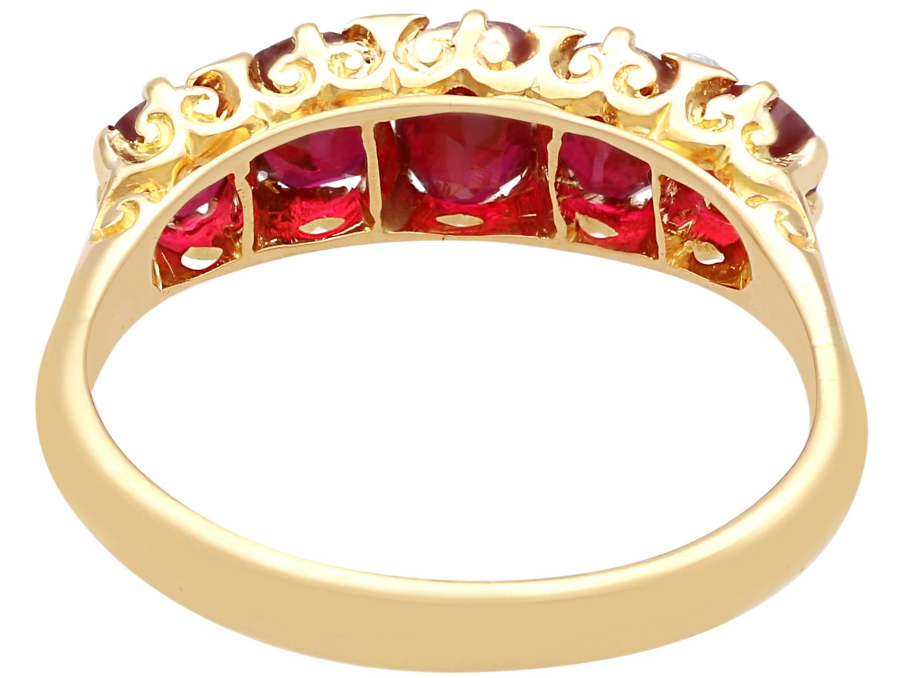 Antique 2.80Ct Ruby and Diamond 18k Yellow Gold Five Stone Ring In Excellent Condition In Jesmond, Newcastle Upon Tyne