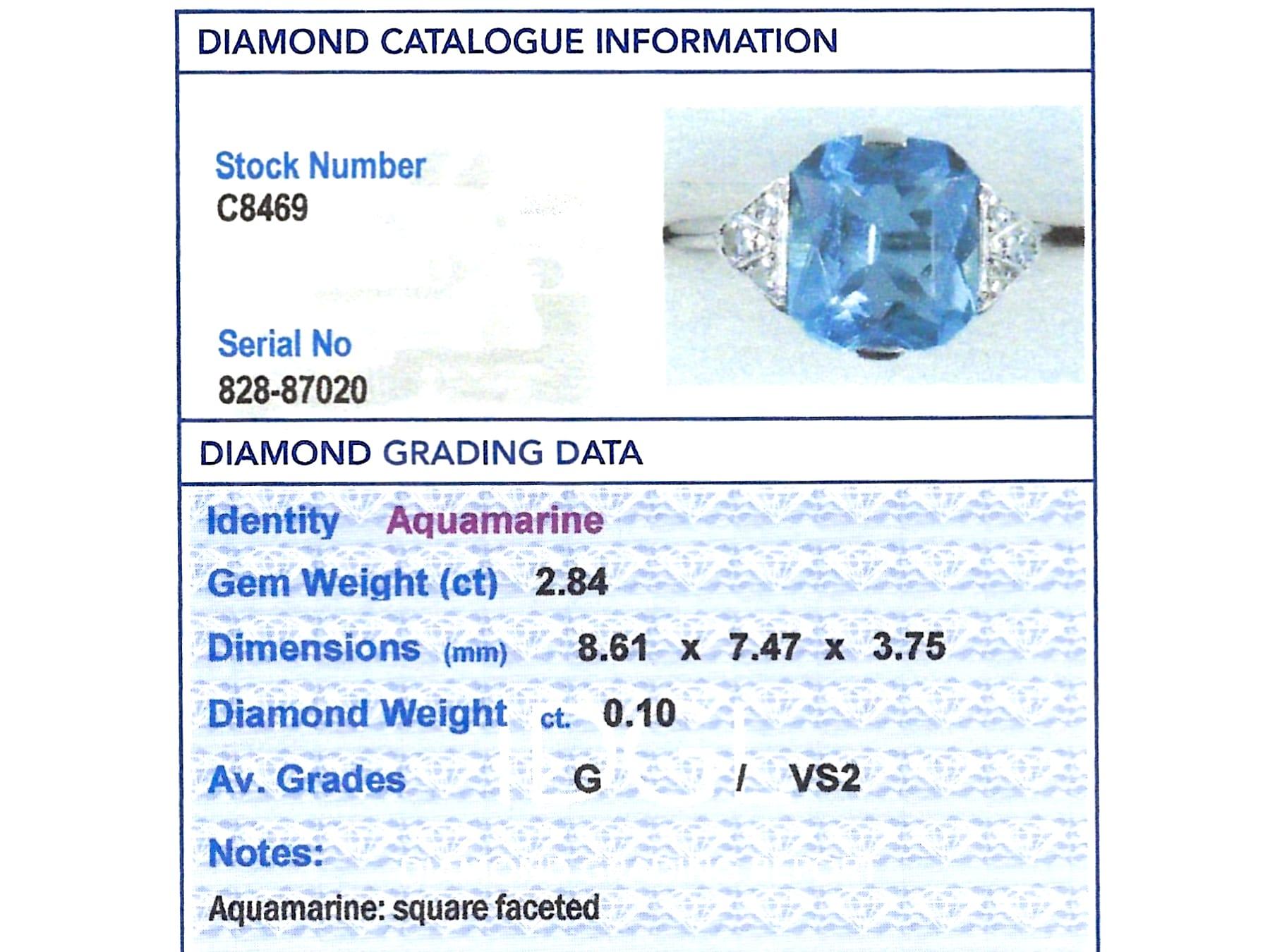 Antique 2.84ct Aquamarine and 0.10ct Diamond and 18ct White Gold Dress Ring  For Sale 4