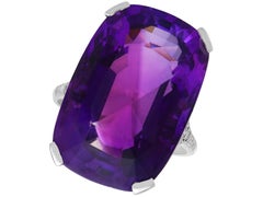 Antique 28.50ct Cushion Cut Amethyst and Diamond, Platinum Ring Circa 1930