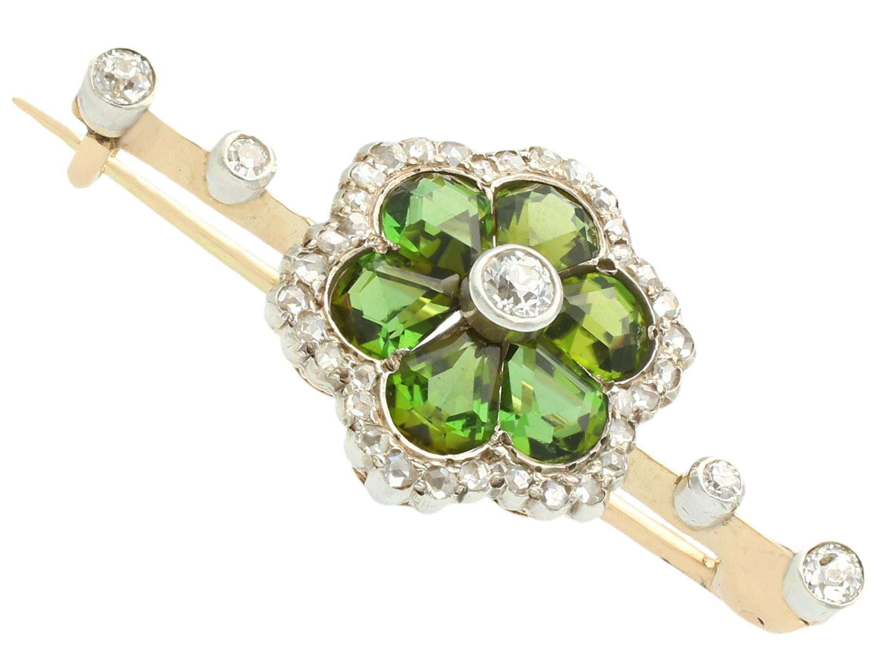 An exceptional 2.88 carat tourmaline and 0.86 carat diamond, 18 karat yellow gold and silver set boxed bar brooch; part of our diverse antique jewellery and estate jewelry collections.

This exceptional, fine and impressive Victorian brooch has been