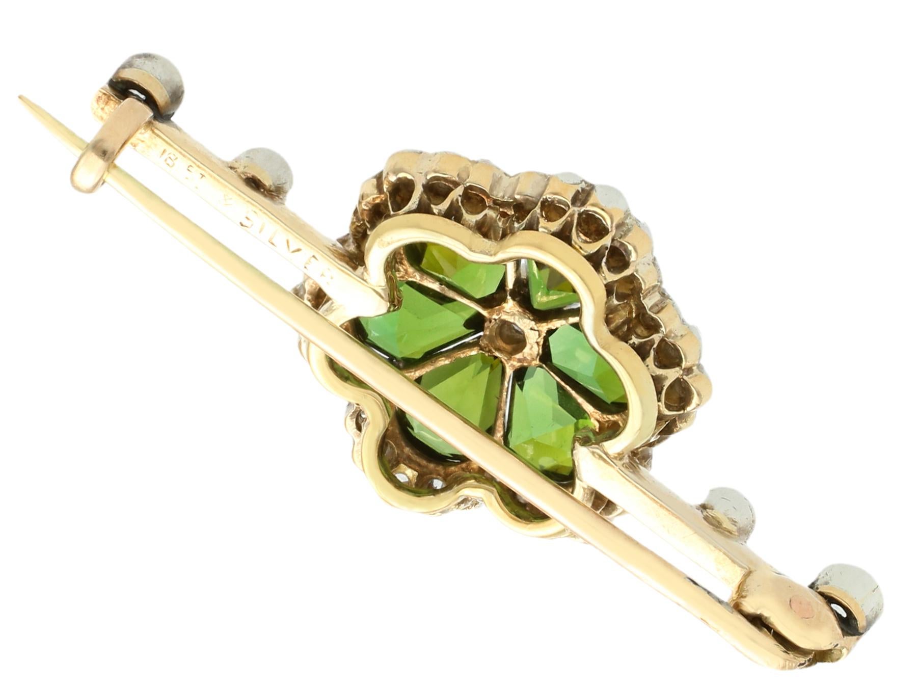 Victorian Antique 2.88 Carat Tourmaline Diamond Yellow Gold and Silver Set Bar Brooch