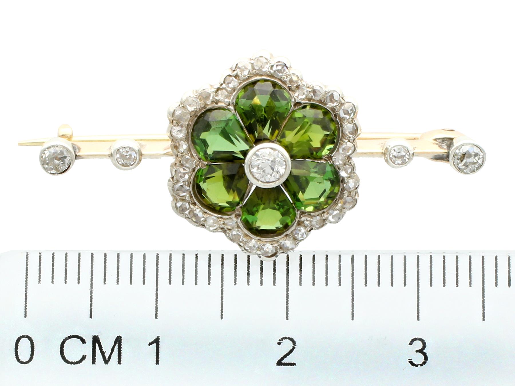 Antique 2.88 Carat Tourmaline Diamond Yellow Gold and Silver Set Bar Brooch In Excellent Condition In Jesmond, Newcastle Upon Tyne