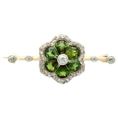 Antique 2.88 Carat Tourmaline Diamond Yellow Gold and Silver Set Bar Brooch