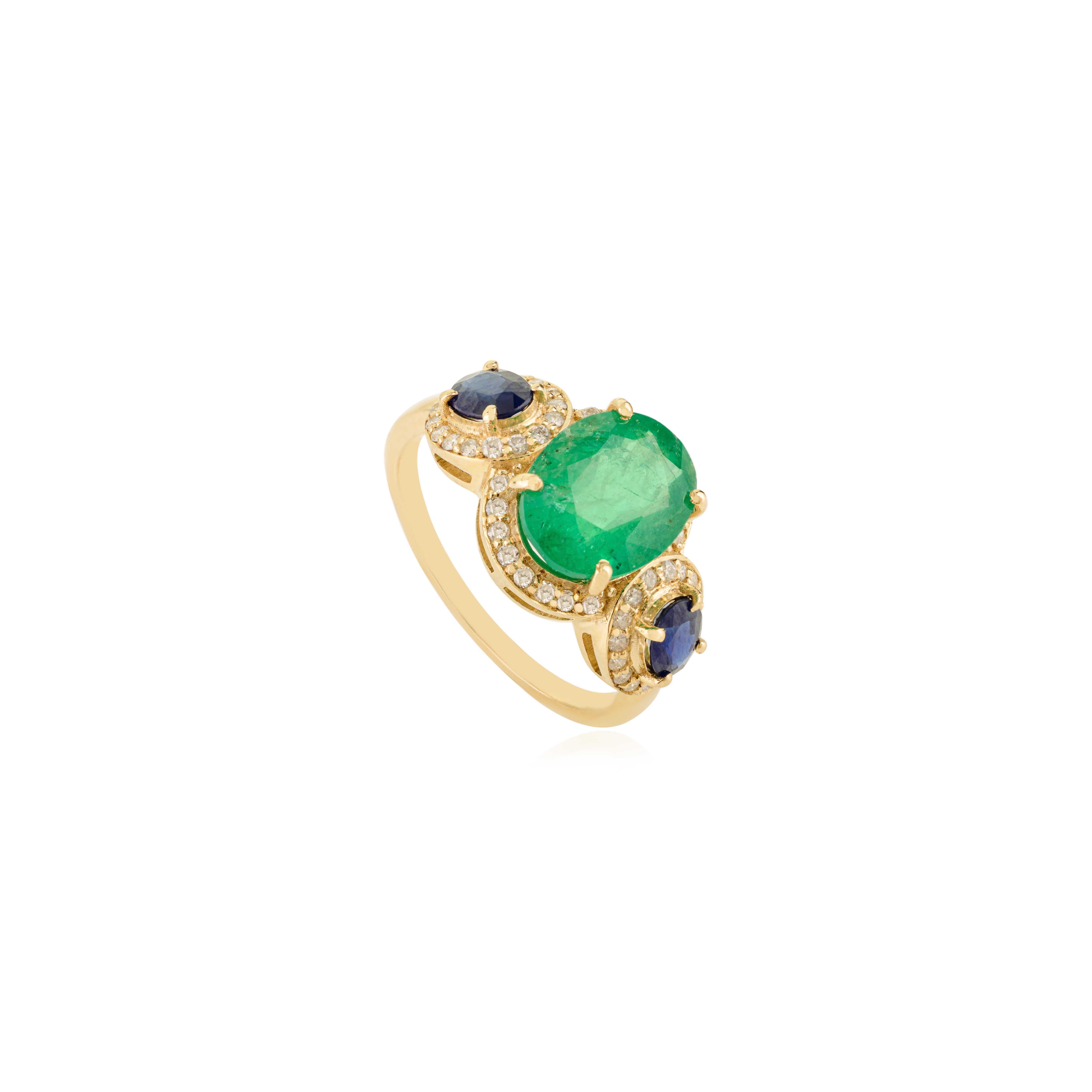 Im Angebot: Antike 2.88Ct Smaragd, Saphir & Diamant Cluster Ring in 14K Gold Urlaub Geschenk () 3