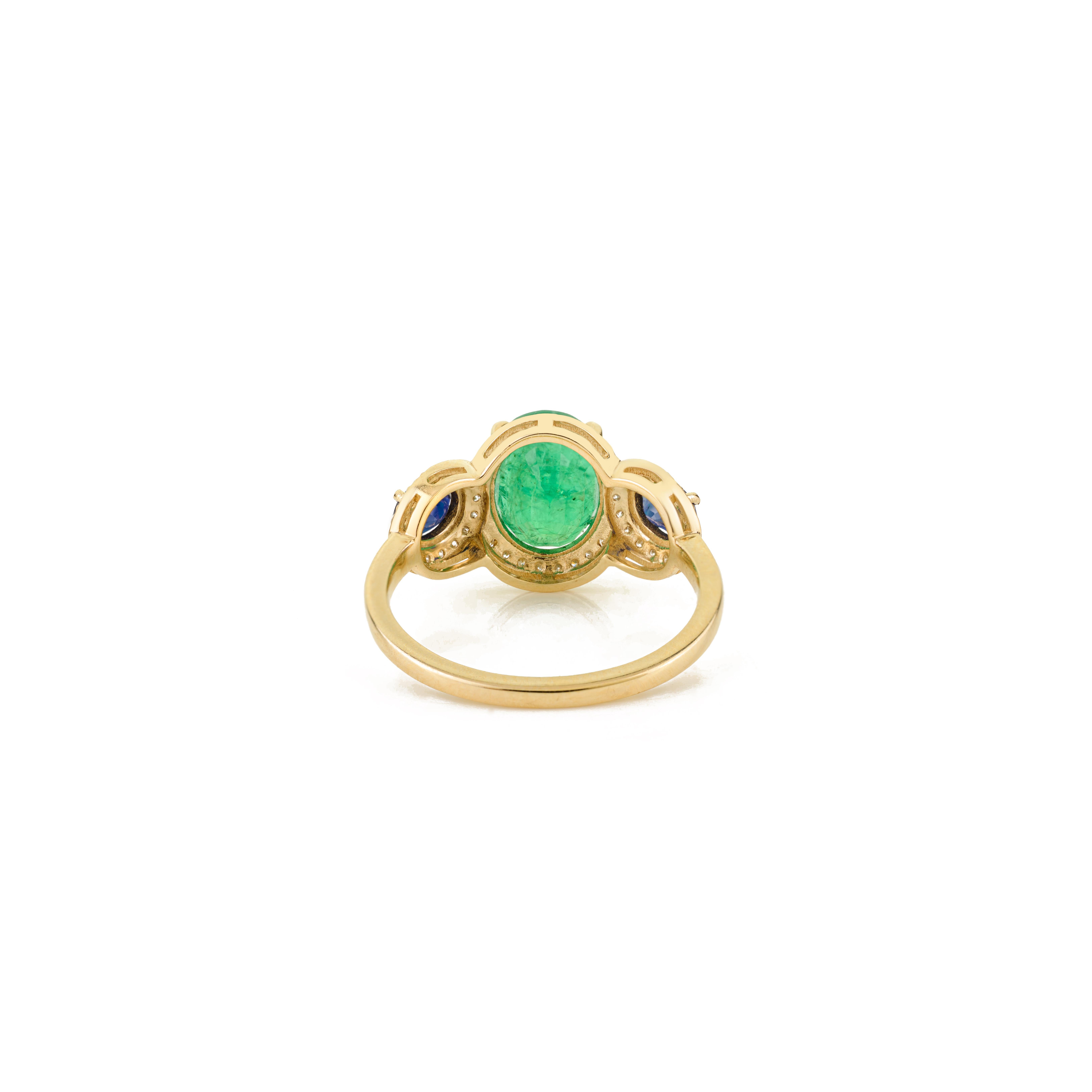 Im Angebot: Antike 2.88Ct Smaragd, Saphir & Diamant Cluster Ring in 14K Gold Urlaub Geschenk () 5