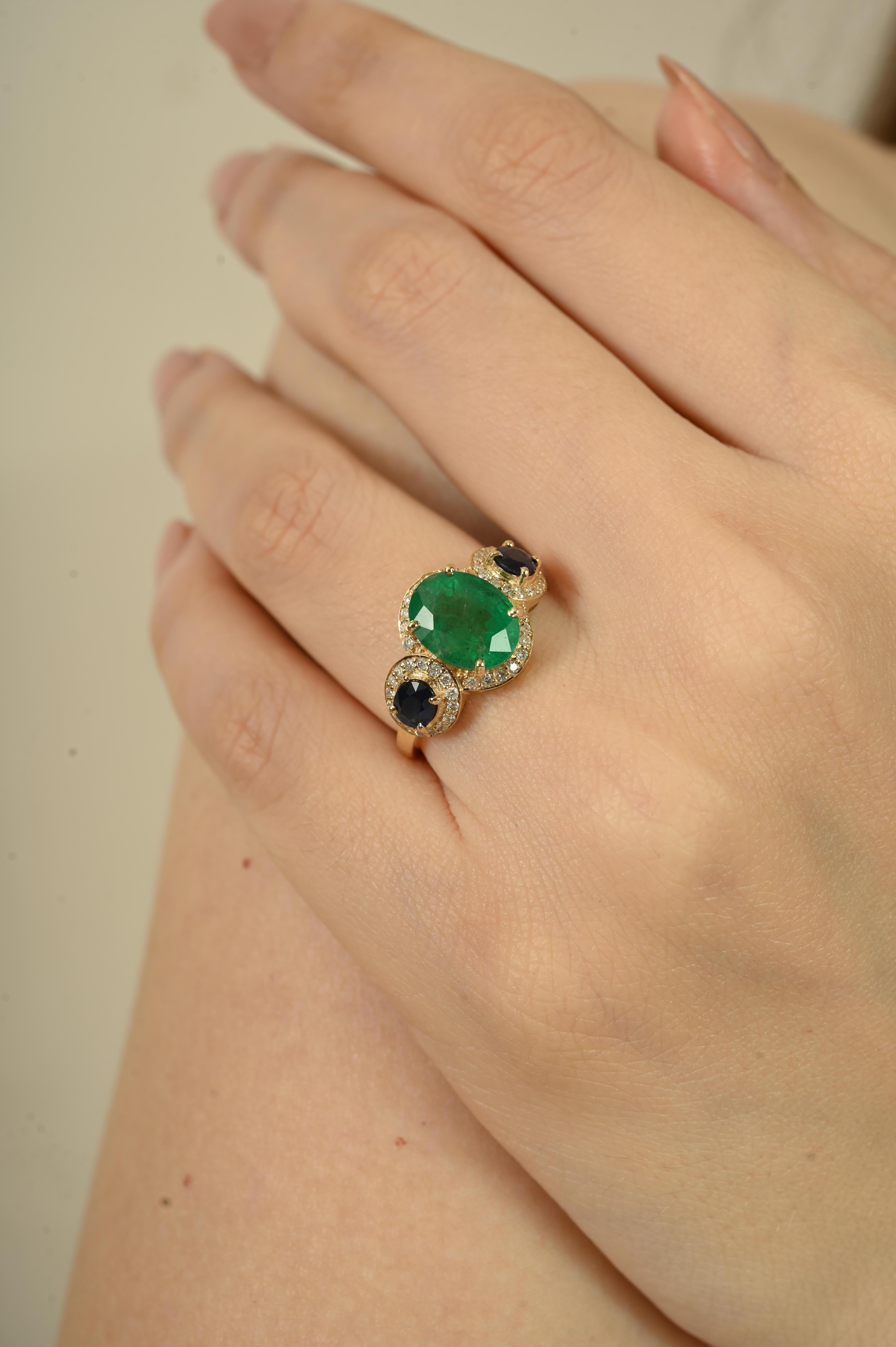 Im Angebot: Antike 2.88Ct Smaragd, Saphir & Diamant Cluster Ring in 14K Gold Urlaub Geschenk () 6