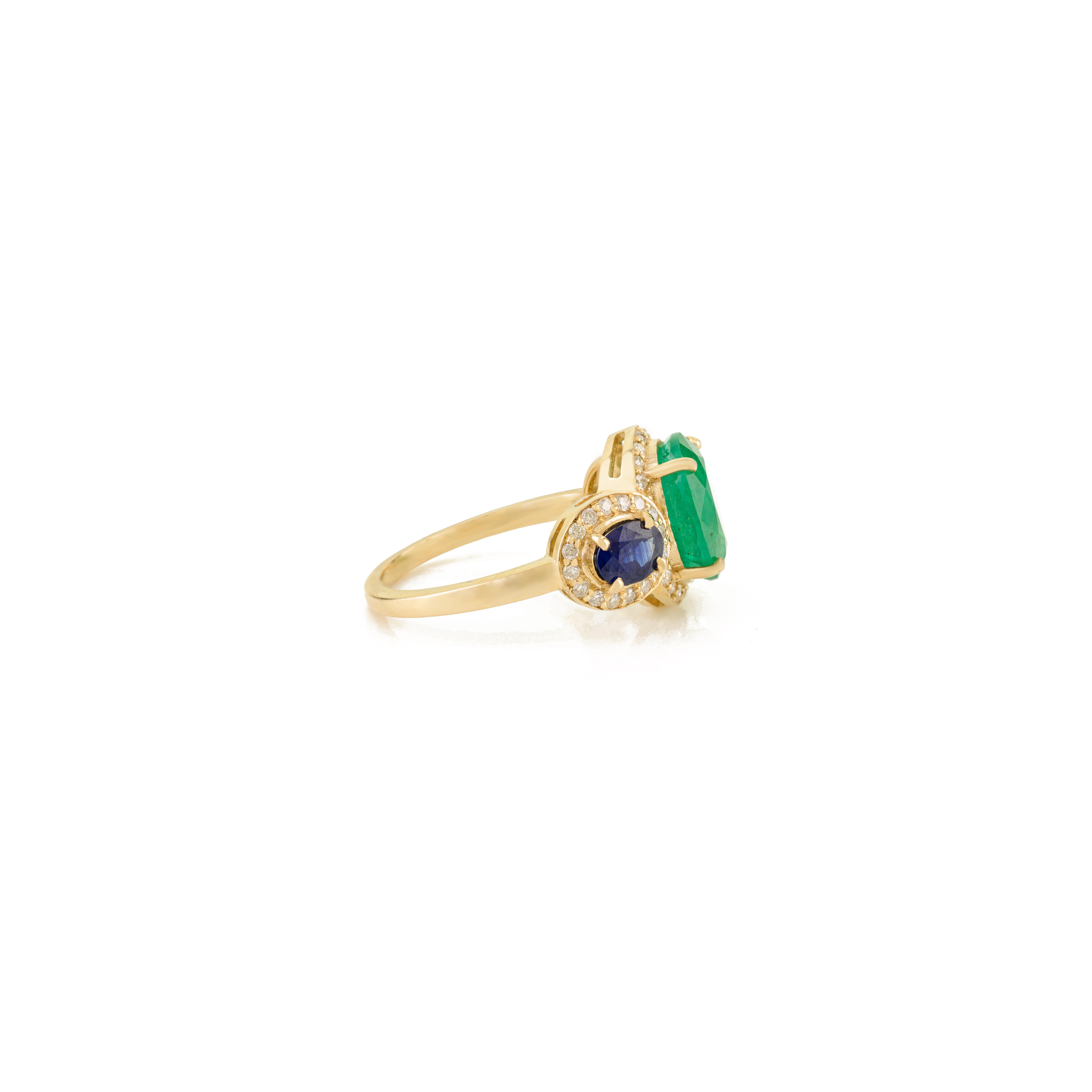 Im Angebot: Antike 2.88Ct Smaragd, Saphir & Diamant Cluster Ring in 14K Gold Urlaub Geschenk () 7