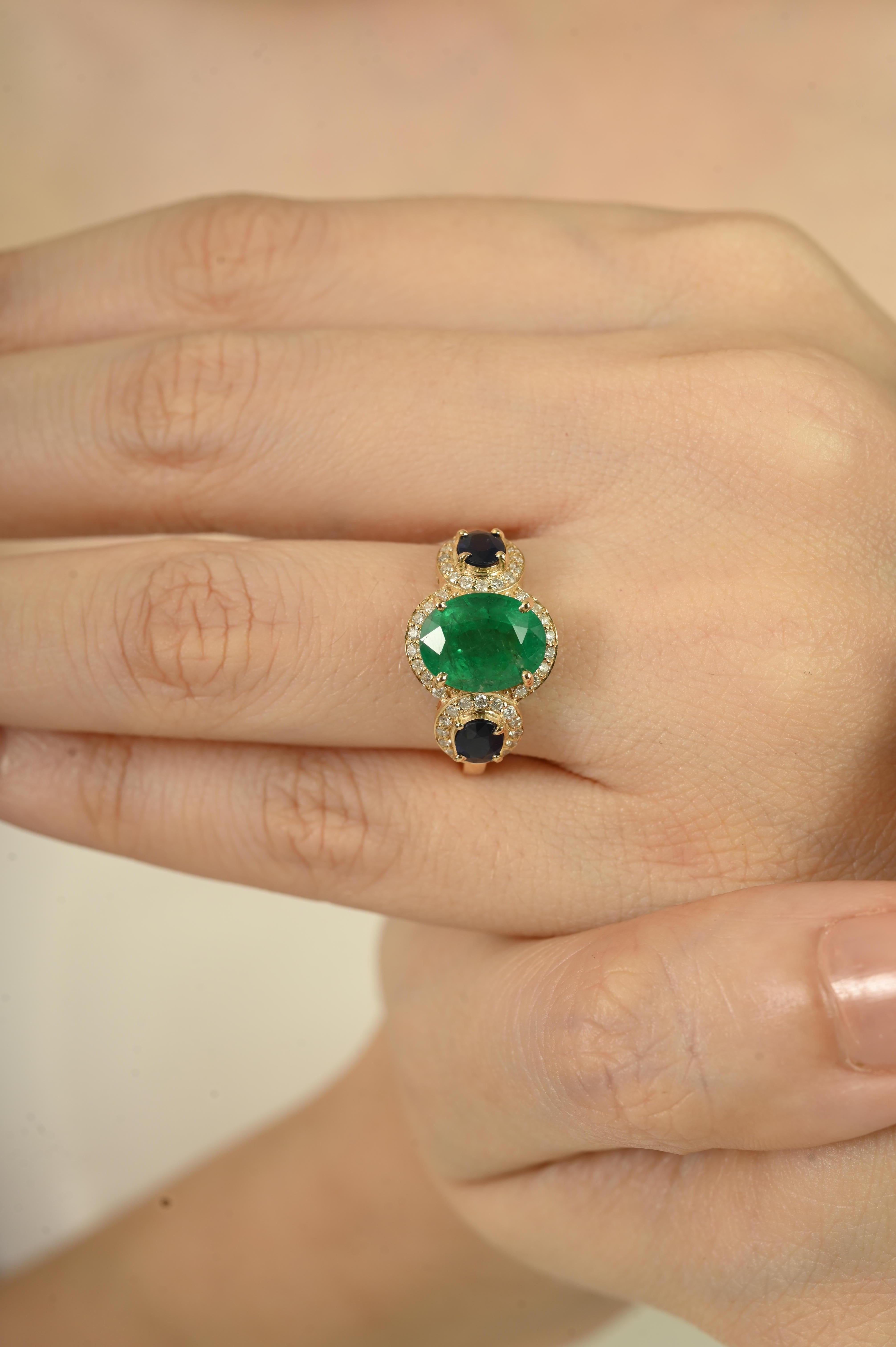 Im Angebot: Antike 2.88Ct Smaragd, Saphir & Diamant Cluster Ring in 14K Gold Urlaub Geschenk () 8
