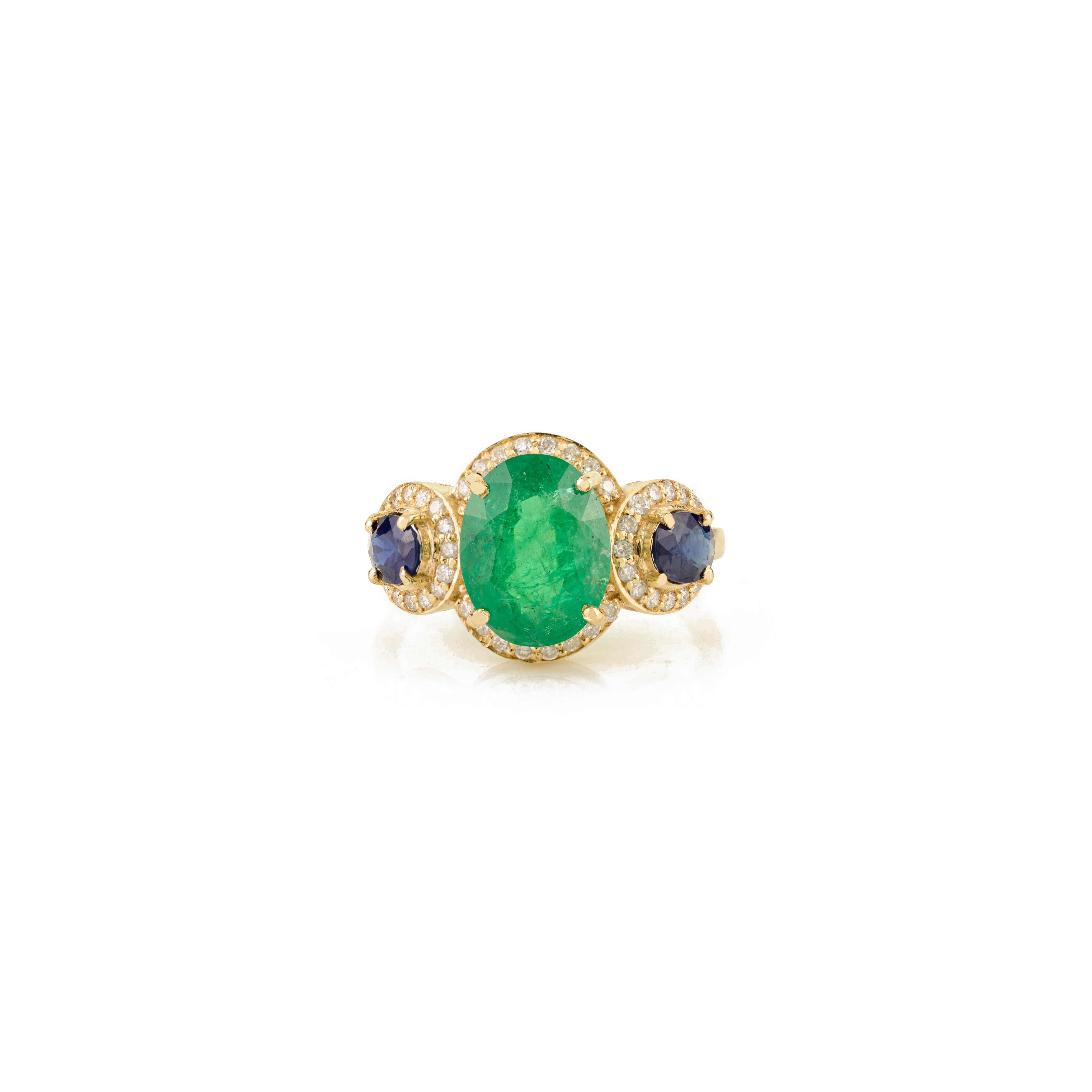 Im Angebot: Antike 2.88Ct Smaragd, Saphir & Diamant Cluster Ring in 14K Gold Urlaub Geschenk () 9