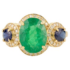 Anello antico con smeraldo, zaffiro e diamante da 2,88 carati in oro 14K Regalo di Natale