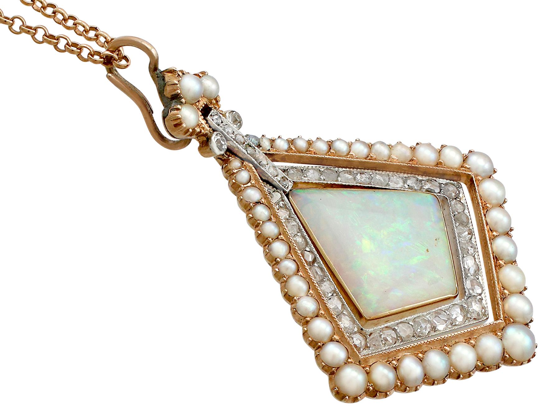 Old Mine Cut Antique 2.88 Carat Opal 0.84 Carat Diamond and Pearl Yellow Gold Pendant For Sale