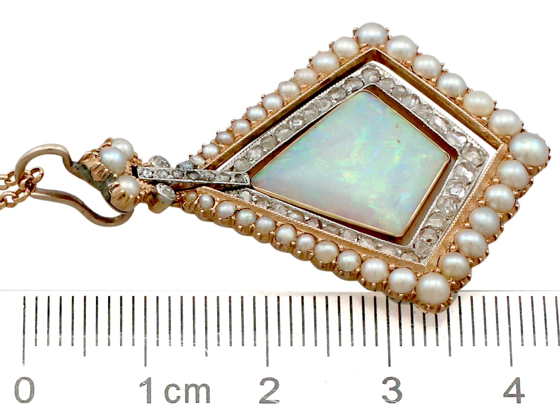 Antique 2.88 Carat Opal 0.84 Carat Diamond and Pearl Yellow Gold Pendant For Sale 1