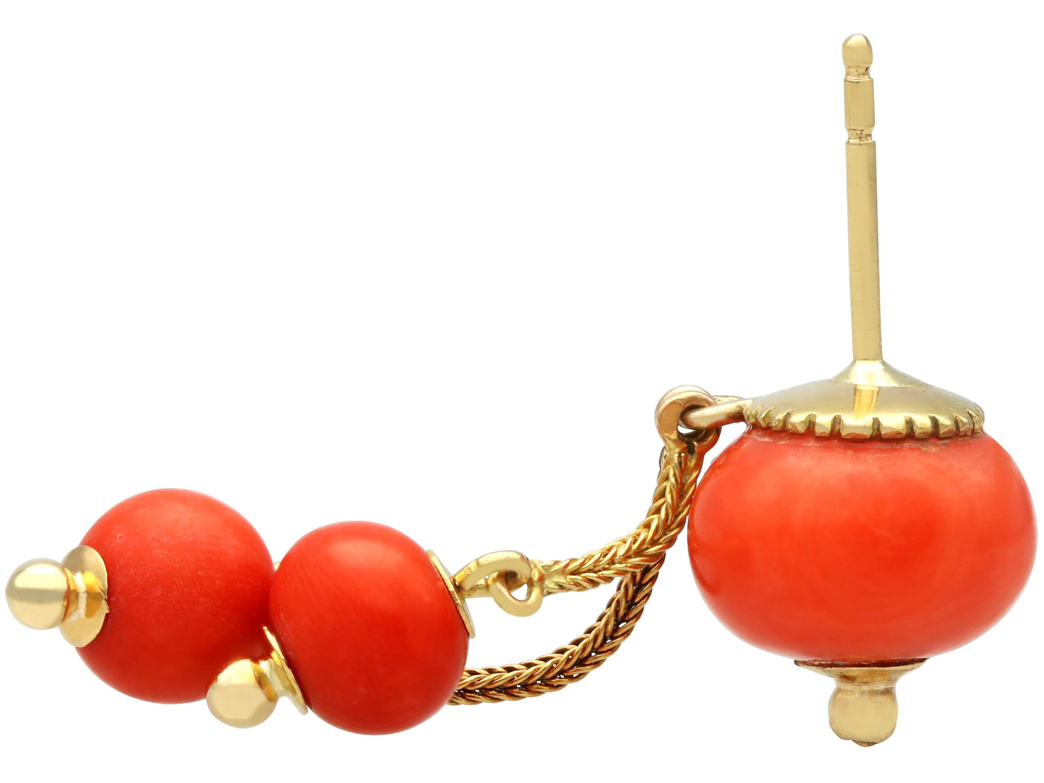 Women's or Men's Antique 29.00 Carat Coral and 18 Carat Yellow Gold Drop Earrings For Sale
