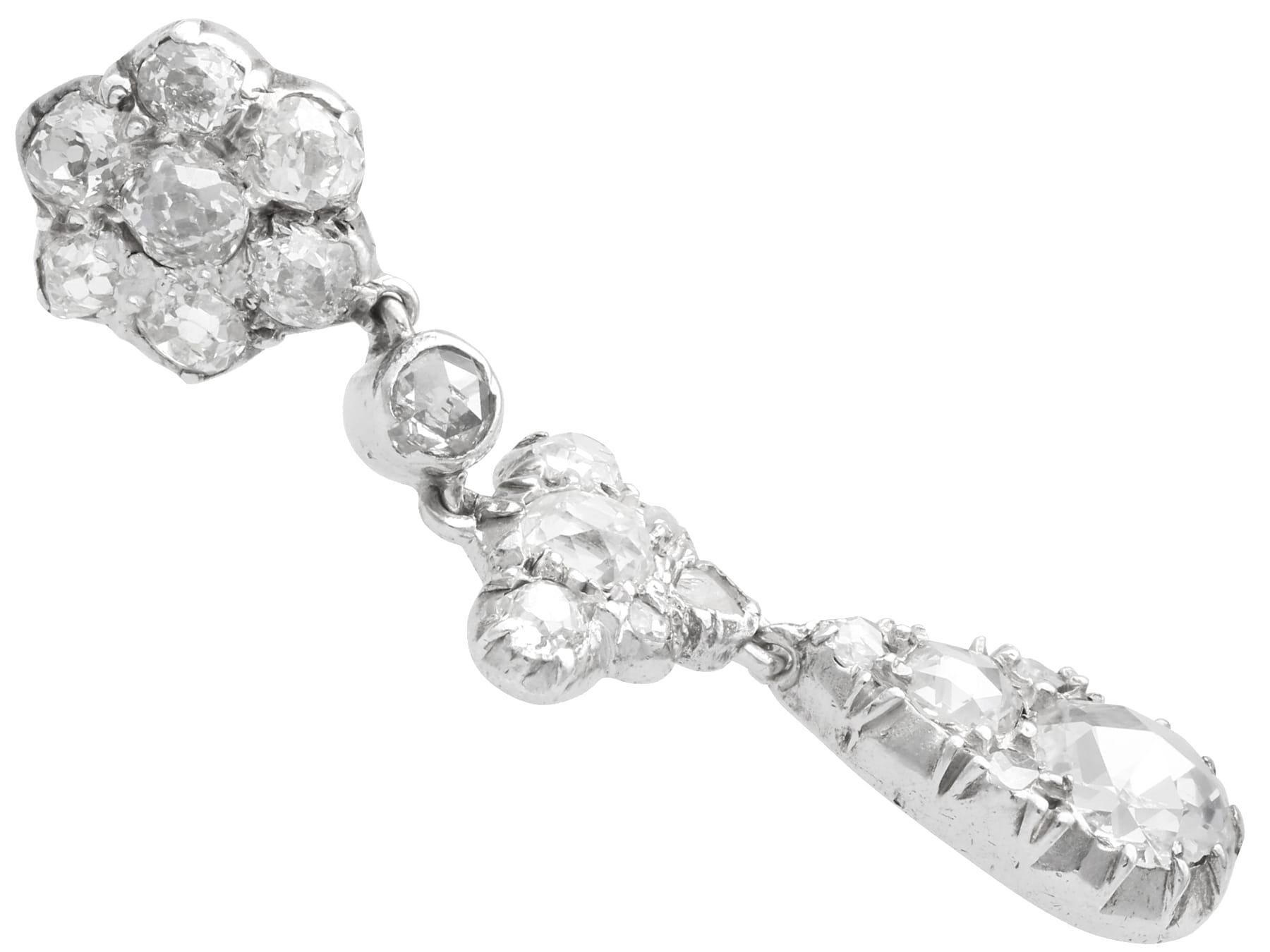 Rose Cut Antique 2.90Ct Diamond and 9k White Gold Drop Earrings Circa 1890 For Sale
