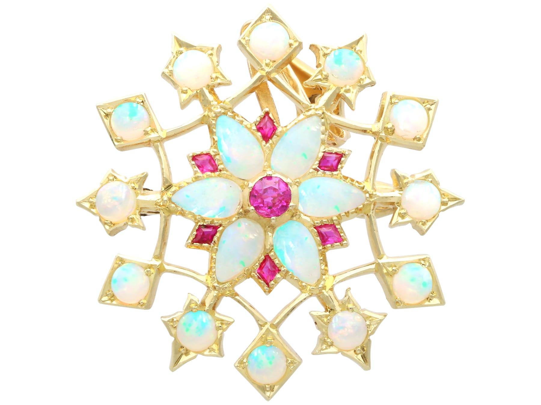 Antique 2.90ct Opal 0.25ct Ruby and 15ct Yellow Gold Pendant / Brooch Circa 1900 en vente 1