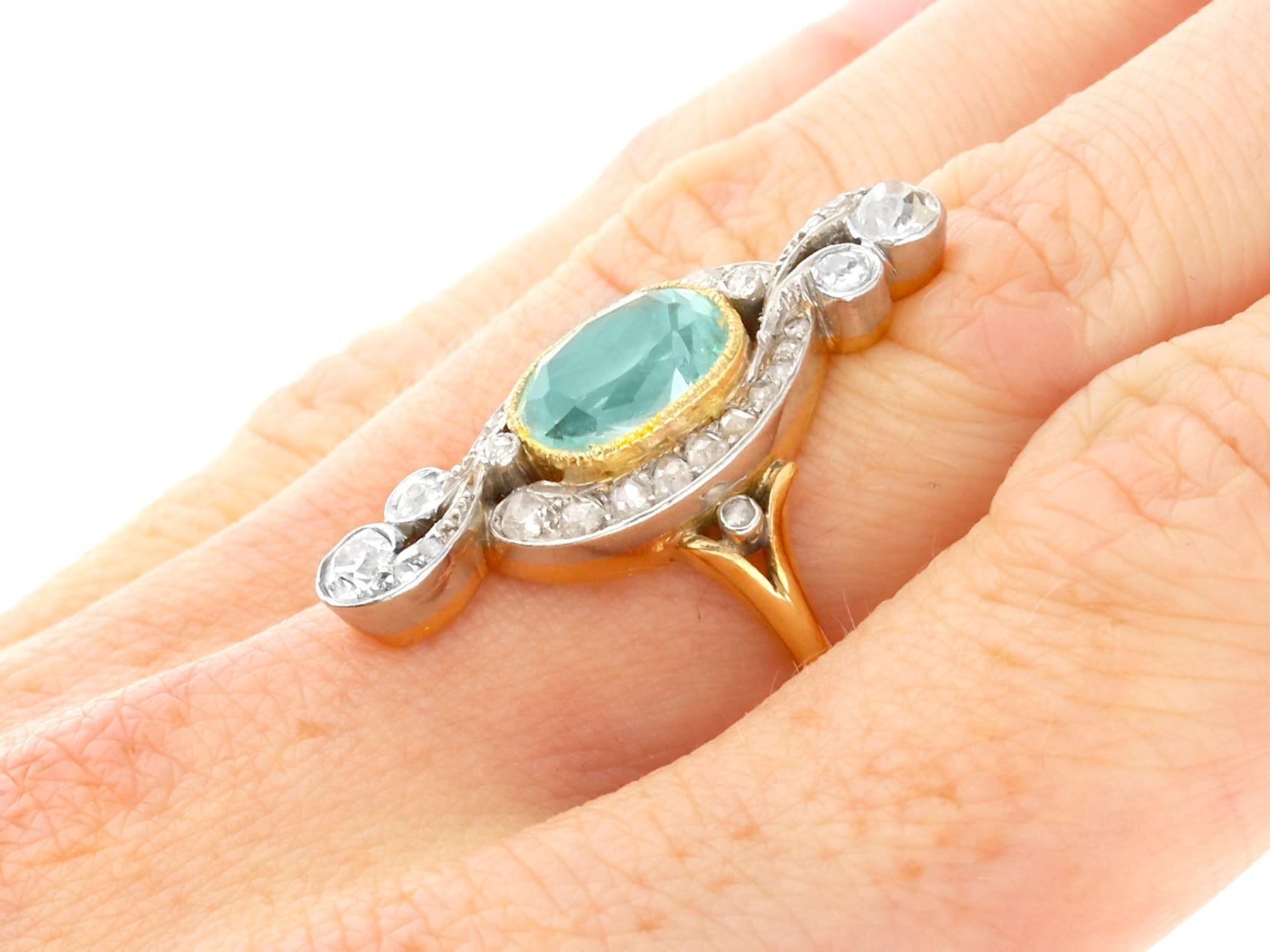 Antique 2.91 Carat Aquamarine and 1.68 Carat Diamond Yellow Gold Cocktail Ring For Sale 3