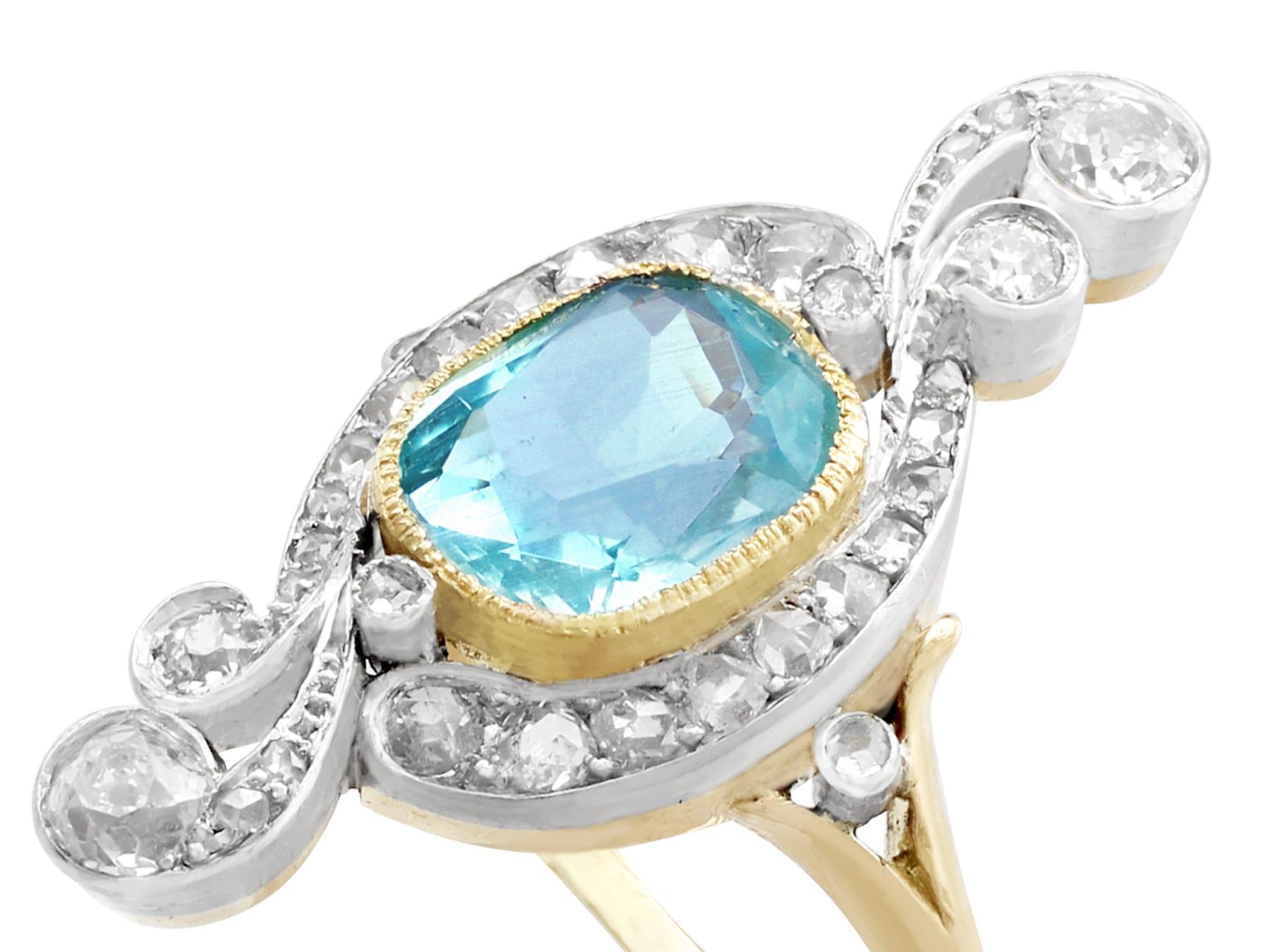 Antique Cushion Cut Antique 2.91 Carat Aquamarine and 1.68 Carat Diamond Yellow Gold Cocktail Ring For Sale