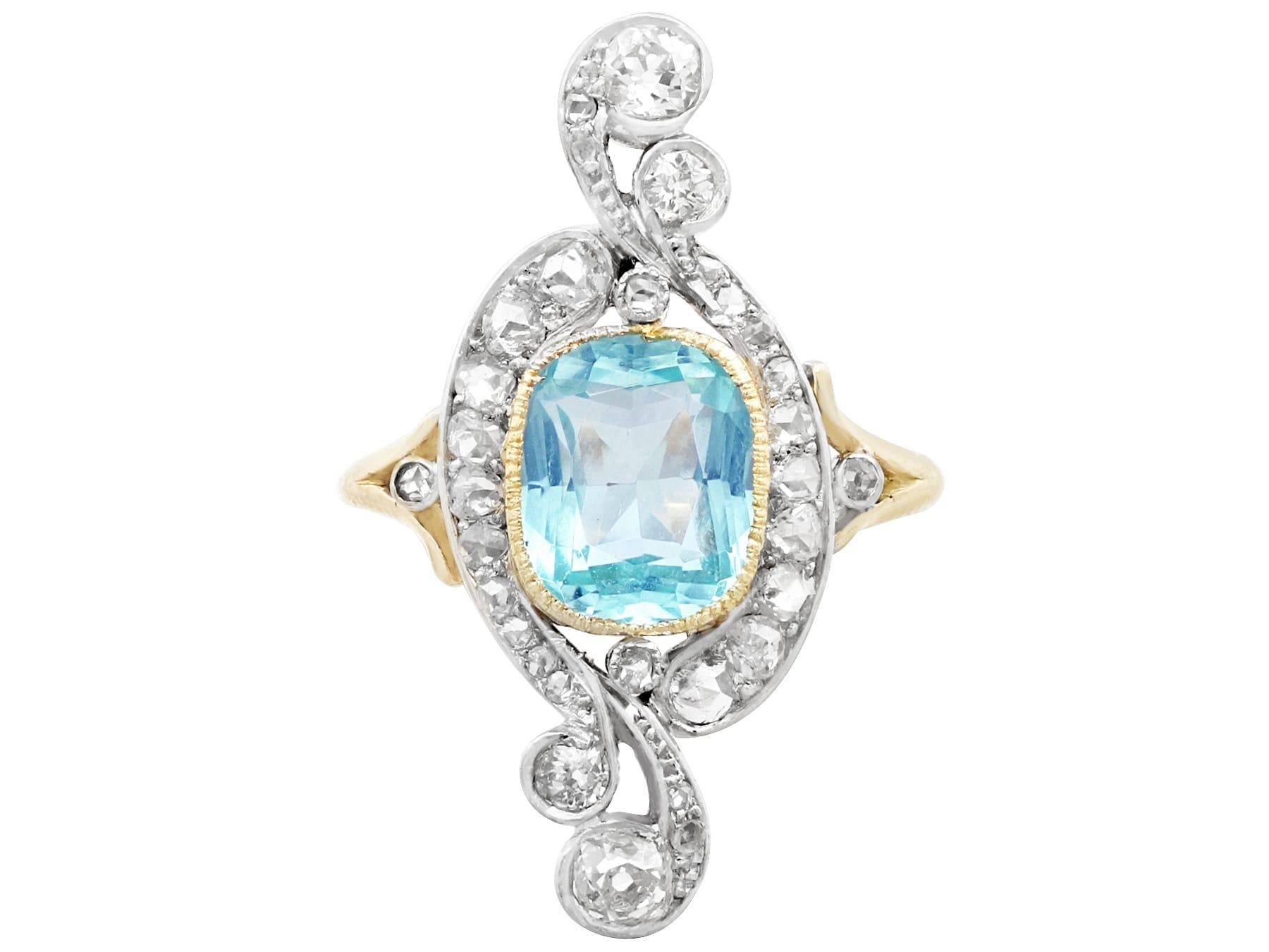 Antique 2.91 Carat Aquamarine and 1.68 Carat Diamond Yellow Gold Cocktail Ring In Excellent Condition For Sale In Jesmond, Newcastle Upon Tyne