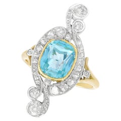 Antique 2.91 Carat Aquamarine and 1.68 Carat Diamond Yellow Gold Cocktail Ring