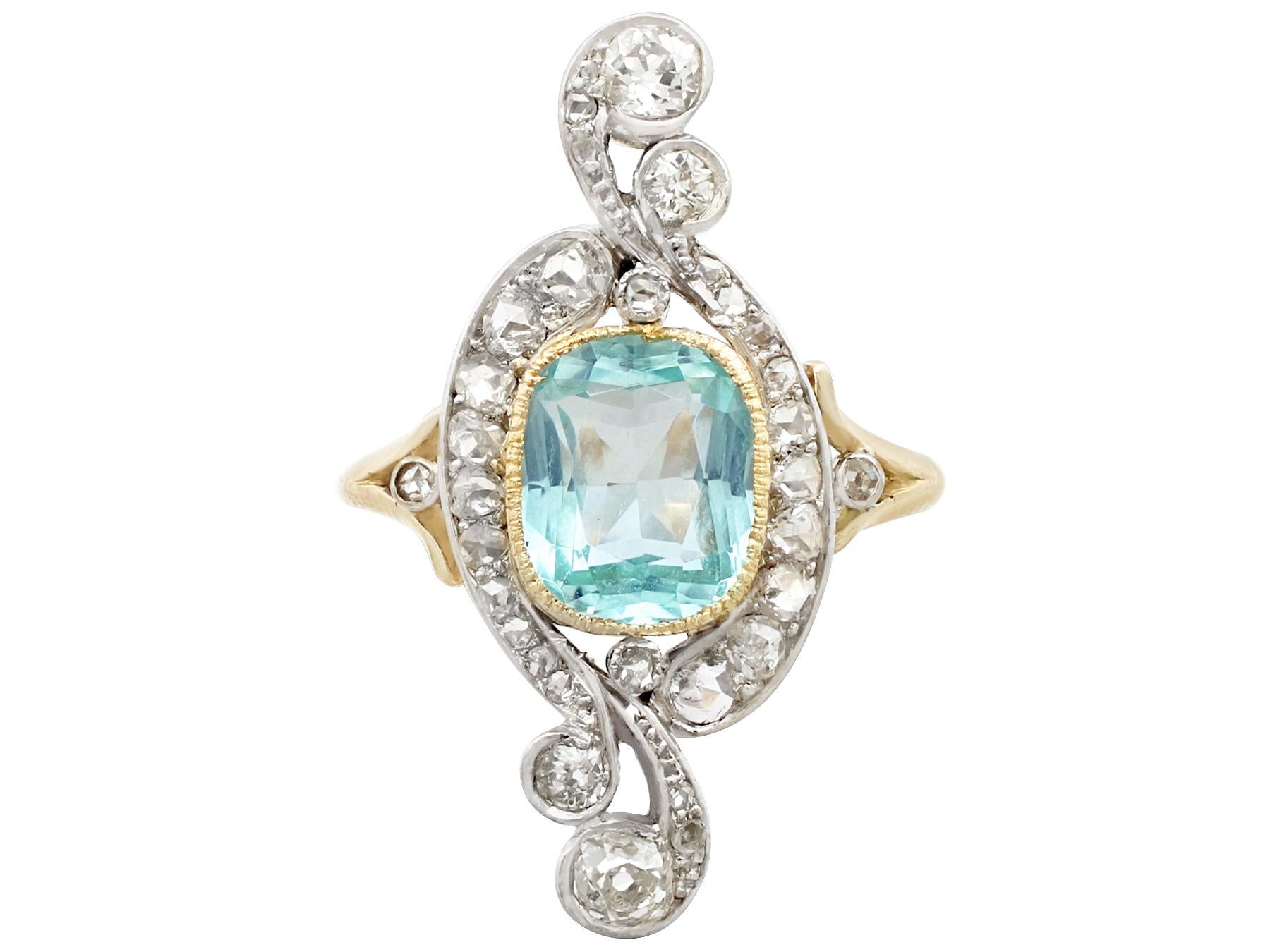 Antique 2.91 Carat Aquamarine and 1.68 Carat Diamond Yellow Gold Cocktail Ring In Excellent Condition In Jesmond, Newcastle Upon Tyne