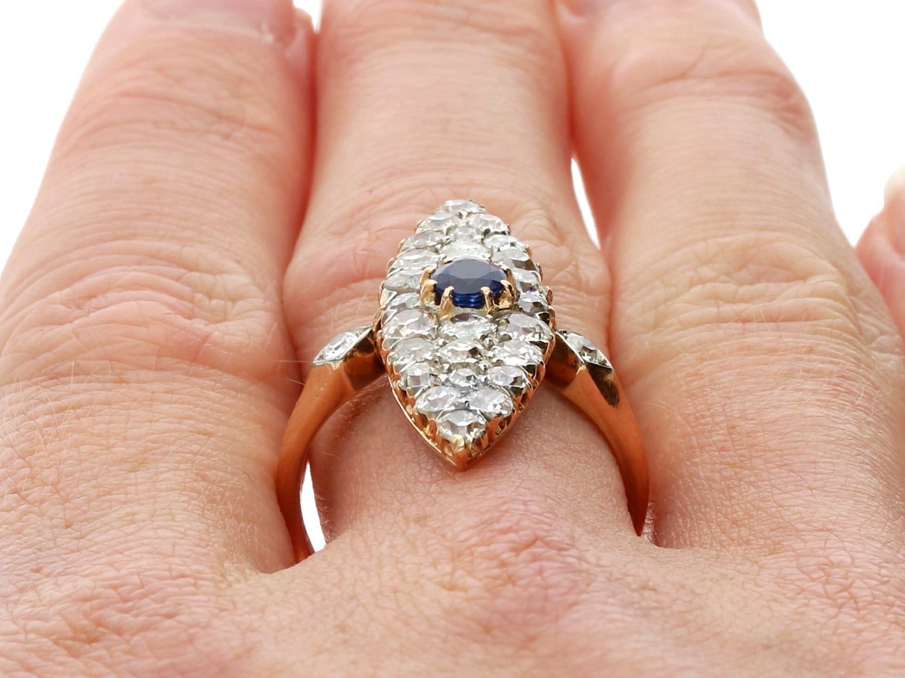 Antique 2.92 Carat Diamond and Sapphire Yellow Gold Marquise Ring For Sale 1